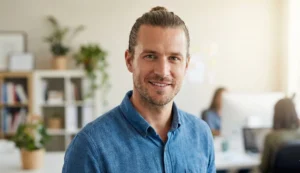 Waist-up portrait of a smiling blonde man with a neat man bun and a blue button-down shirt, standing in a bright, modern office environment with colleagues in the background.