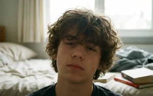 A close-up film photograph of a teenage boy with messy, curly brown hair falling over his eyes in a tousled fringe. He has a relaxed, sleepy expression and is sitting in a bedroom with books on an unmade bed.