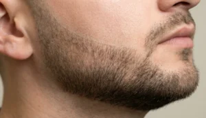An extreme macro shot of a man's jawline showing skin texture and a very low fade beard with a sharp cheek line.