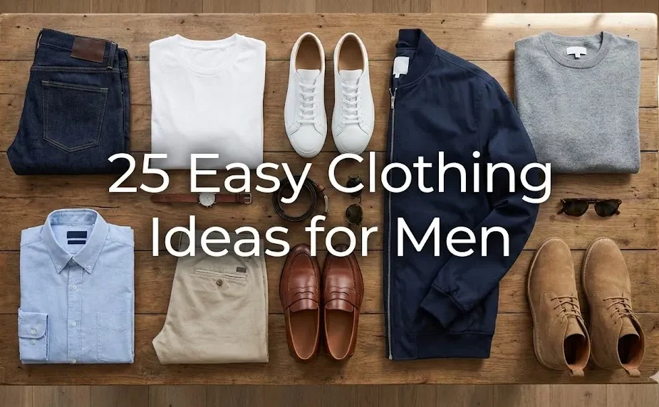 Flat lay of essential men's clothing items including jeans, t-shirts, sneakers, and a bomber jacket on a wooden table with text overlay reading 25 Easy Clothing Ideas for Men.
