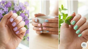 1. Pastel Perfection Alt Text: Soft pastel short nails for spring showcasing a mix of lavender, baby blue, powder pink, and glossy mint green finishes.
