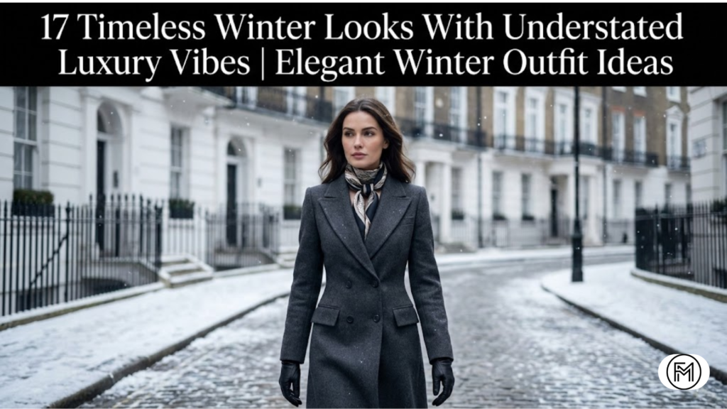 Three elegant women wearing old money winter outfits including wool coats and cashmere scarves on a snowy city street.