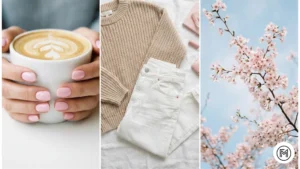 Soft Pastel Pink: "Three-panel collage showing soft pastel pink nails, a beige sweater flat lay, and cherry blossoms."
