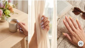 Alt Text: Three hands showcasing pastel ombre acrylic nails in lavender, mint, and baby blue shades for spring.