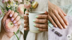 Pastel Ombre: Three different hands featuring short pastel ombre nails in lavender, mint green, and baby pink gradients.