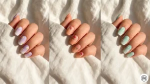 Floral Ombre A 3-way split-screen showing lavender-to-white ombre nails with delicate hand-painted daisy floral accents for a spring wedding look.