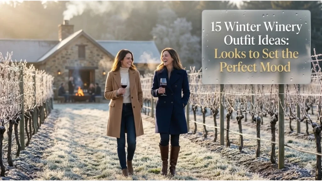 Two stylish women in wool coats and knits enjoying red wine at a frost-covered winter vineyard.