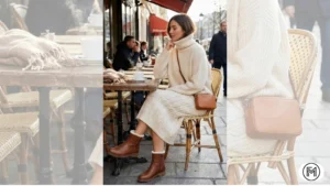 Woman wearing a beige chunky knit midi skirt and cream oversized turtleneck sweater.