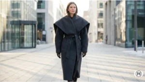 A woman wearing a charcoal grey sculptural wool coat with dramatic architectural shoulders is a key Winter 2026 fashion trend.