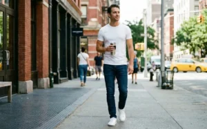 Man wearing a fitted white t-shirt and dark jeans walking on a city street, demonstrating a classic casual outfit for men.