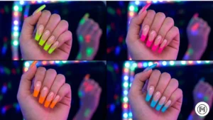 Alt Text: Modern neon French tip acrylic nails in electric orange and bright lime green.