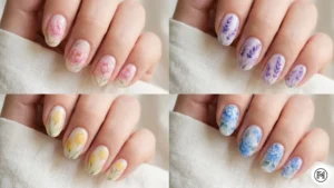 10 Watercolor Flowers A 4-way grid of ethereal watercolor floral nails featuring soft-focus pink peonies, purple lavender, and yellow tulips.