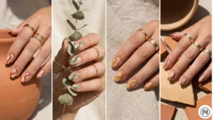 10Earthy SwirlsFour-panel layout of organic swirl nail art in earthy tones like sage green, terracotta, and mustard.