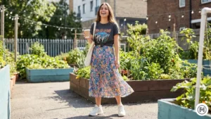 10 Graphic Tee & Midi Skirt Trendy spring street wear showing a graphic t-shirt tucked into a pleated floral midi skirt with sneakers.