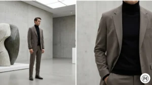 10. Taupe Suit + Black Turtleneck ALT Text: Minimalist collage showing a modern taupe suit layered over a sleek black turtleneck.