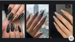 10. Animal Print Acrylic Nails Alt Text: Fierce animal print acrylic nails showcasing trendy leopard print, striking zebra stripes, and subtle snakeskin patterns.