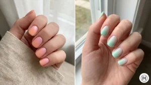 10. Ombre Nails Alt Text: Stunning ombre short nails displaying gentle gradient fades from soft pink to peach and mint green to milky white.