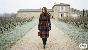 Fashionable woman in a plaid belted wool coat walking through a winter winery estate.