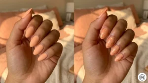 11 Peachy Spring A 2-way vertical split of creamy peach-colored nails with matte finishes and delicate gold leaf flake accents.