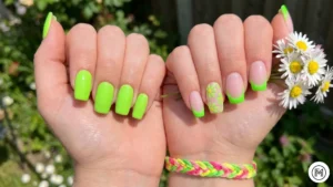 11. Neon Green Spring: "Vibrant neon green spring nails with full color and neon French tips for a bold statement."