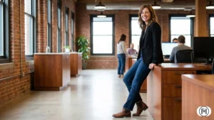 Beige wide-leg trousers paired with a lightweight charcoal turtleneck in a creative office studio.