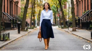 Outfit 11: Classic office attire with a navy wool A-line skirt and light blue button-down shirt.

