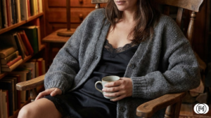 Luxury winter resort style with a beige shearling jacket and structured cream trousers.