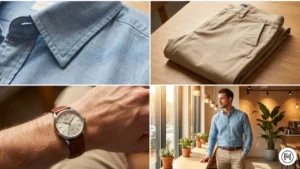 11	Chambray + Beige Chinos	Classic spring outfit for men with a light blue chambray shirt and beige chinos.
