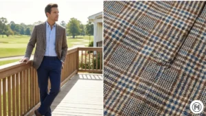 11. Checked Blazer + Solid Trousers ALT Text: Split-screen featuring a patterned checked blazer paired with solid navy trousers for daytime formal wear. 