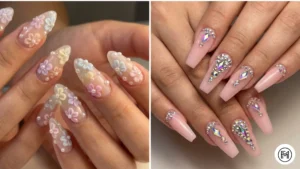 11. 3D Acrylic Nail Art Alt Text: Unique 3D acrylic nail art detailed with tiny sculpted floral designs, pearls, and sparkling rhinestone clusters.