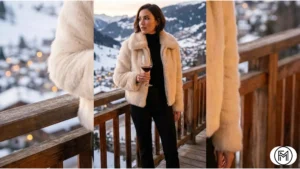 Glamorous winter winery look featuring a cream faux fur jacket and black turtleneck.
