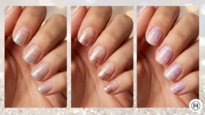12. Gradient Glitter Alt Text: Dazzling gradient glitter on short nails cascading beautifully in silver, rose gold, and multicolored pastel sparkles.