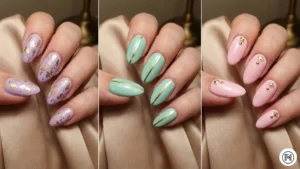 12 Gold Accents A 3-way split of pastel mint and lavender nails decorated with luxury gold foil, gold stripes, and polished hardware studs.