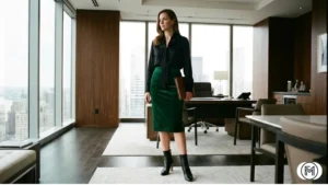 Outfit 12: Emerald green velvet pencil skirt styled for the office with a black silk blouse.