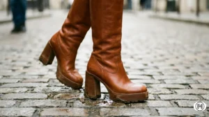 12. Statement Boots Knee-high platform leather boots with a sculptural heel, walking on a snowy street, Winter