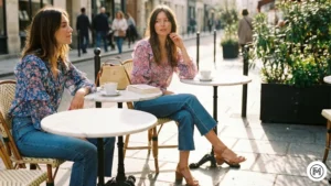 12 Blouse & Cropped Jeans Feminine spring look with a floral chiffon blouse, cropped flared jeans, and block-heel sandals.