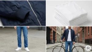 12	Bomber + White Tee	Navy lightweight bomber jacket over a white tee and straight-leg jeans for men.
