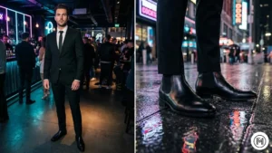 12. Black Suit + Slim Tie + Chelsea Boots ALT Text: Collage showing an edgy modern formal look with a black suit, slim tie, and black leather Chelsea boots. 