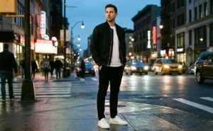 Man wearing a black bomber jacket and slim pants in a city setting at dusk for an urban casual look.