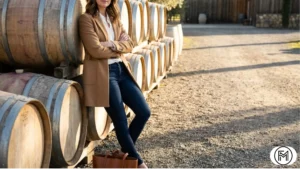 Casual chic winery outfit with dark jeans, a camel coat, and ankle boots.