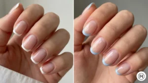 13. Negative French Tips Alt Text: Modern negative French tips on short nails featuring thin white outlines and airy pastel blue floating lines.