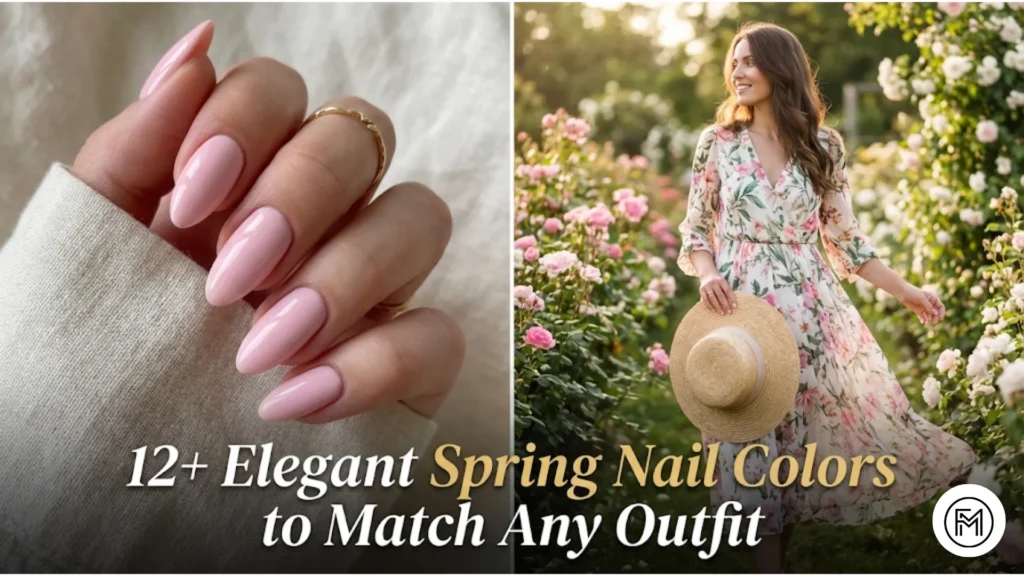 Collage of elegant almond-shaped spring nails with pastel pink polish and a woman in a floral dress in a blooming garden.