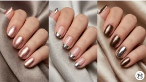 Metallic Nail Art: High-end metallic short nails in glossy silver, gold, and rose gold chrome finishes.

