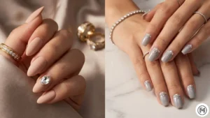 13Jewel AccentsElegant minimalist nails with sparkling jewel and rhinestone accents on a neutral matte base.