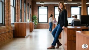 Muted geometric pattern statement sweater paired with black tailored trousers for a polished look.