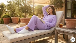 13 Matching Lounge Set Comfortable lavender matching knit lounge set paired with white sneakers for a casual spring day.