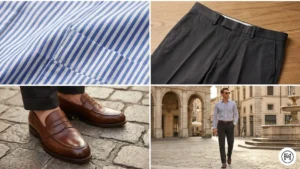 13	Striped Shirt + Dark Chinos	Polished spring look with a striped long-sleeve shirt and dark charcoal chinos with loafers.
