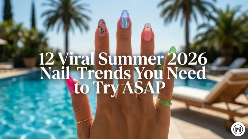 Feature image displaying a mix of 5 summer 2026 nail trends including hot pink, mauve, aura, french tip, and jelly nails, with text overlay "12 Viral Summer 2026 Nail Trends You Need to Try ASAP".