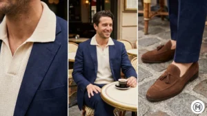 13. Navy Suit + Knit Polo Instead of Shirt ALT Text: Triptych of a relaxed formal outfit featuring a navy suit worn over a knit polo shirt in a cafe setting. 