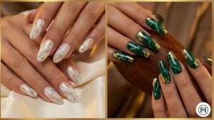 13. Marble with Gold Foil Acrylic Nails Alt Text: Luxurious marble acrylic nails beautifully decorated with shimmering, delicate, and chunky gold foil flakes.